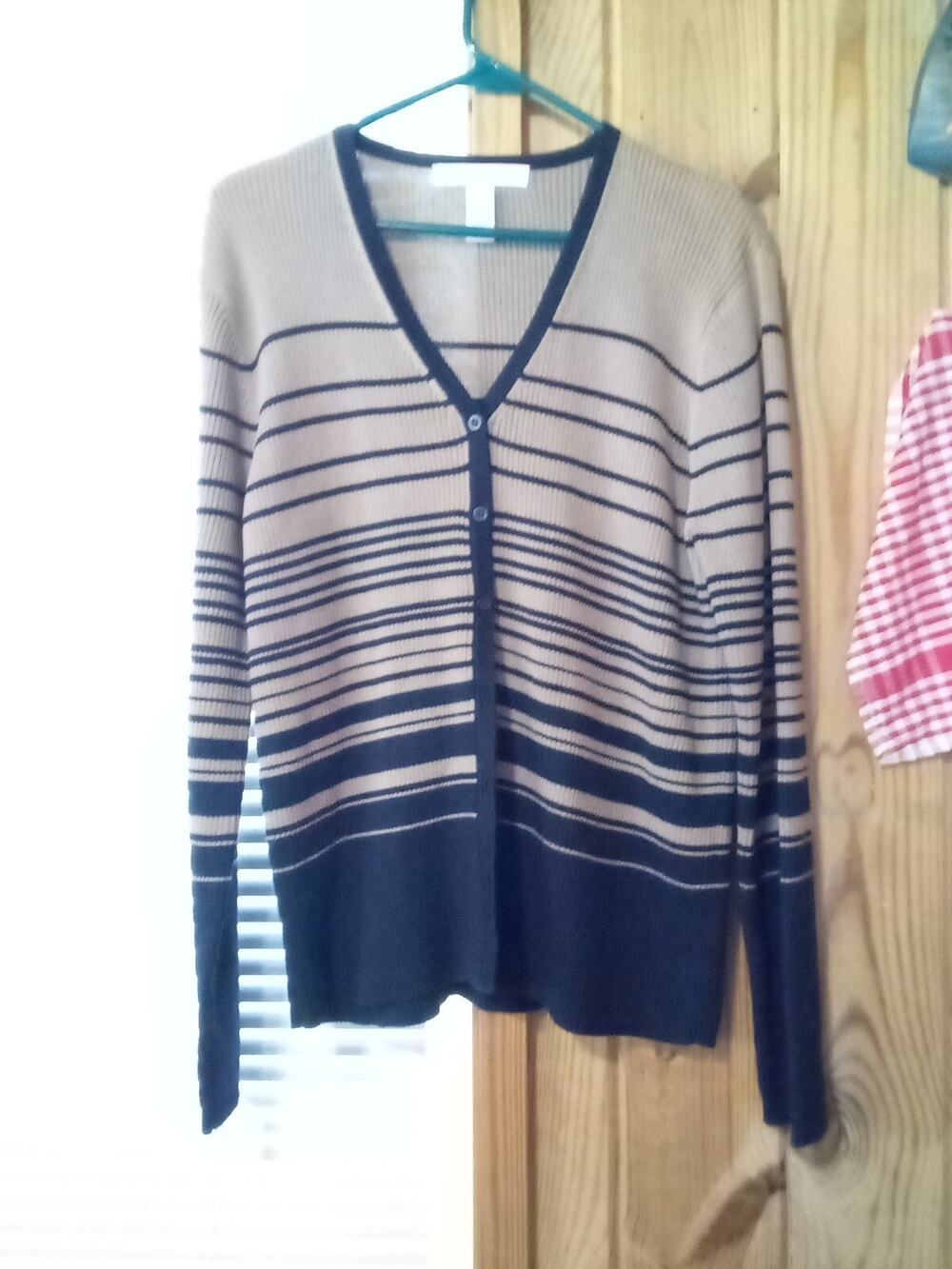 Josephine Chaus Studio Women's L Beige And Black Striped Cardigan Sweater